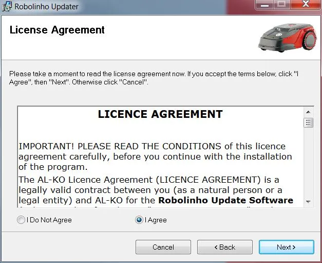Aktualizace Robolinho® | Krok 2: Potvrzení licenční smlouvy